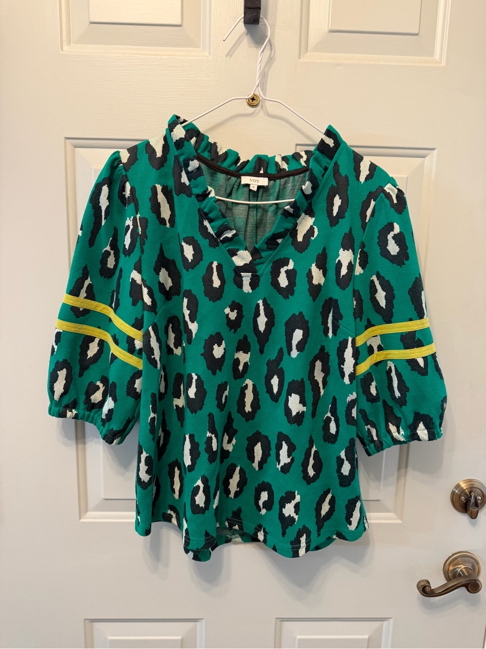 VOY Green Leopard Print Ruffle Neck Top with Yellow Stripe Sleeves - Picture 2 of 5